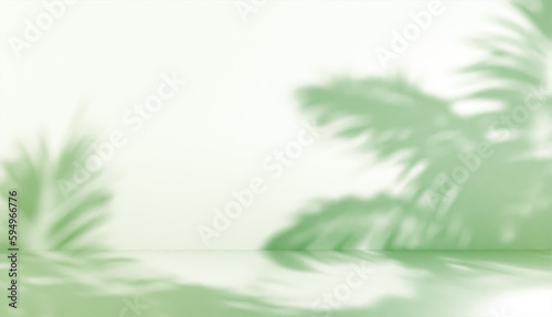 blurred shadow of palm leaves on a white wall with green lights. Abstract minimal background for a product presentation. Summer and spring seasons