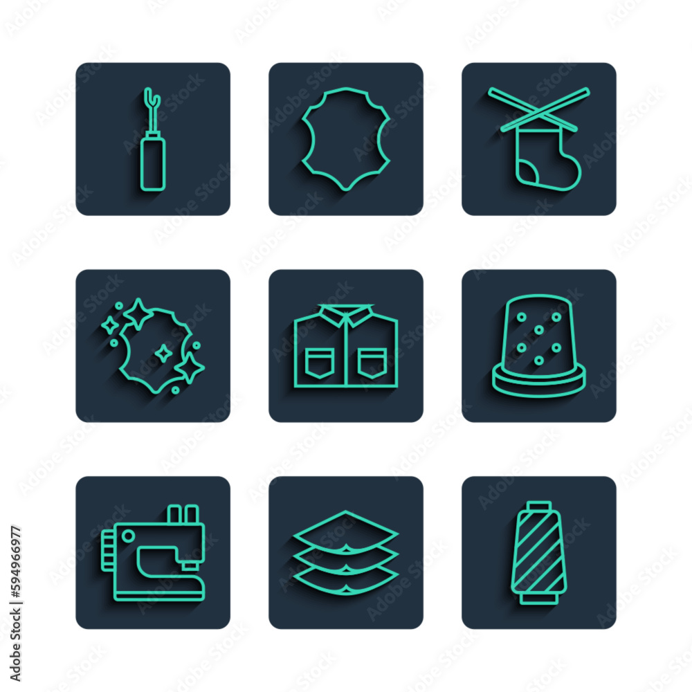 Set line Sewing machine, Layers clothing textile, thread on spool, Knitting needles, Shirt, Leather, Awl tool and Thimble for sewing icon. Vector Set line Sewing machine, Layers clothing textile, thread on spool, Knitting needles, Shirt, Leather, Awl tool and Thimble for sewing icon. Vector