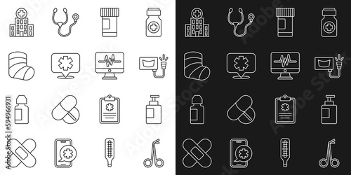 Set line Medical scissors, Hand sanitizer bottle, Ultrasound, Medicine pills, symbol of the Emergency, Gypsum, hospital building and Monitor with cardiogram icon. Vector