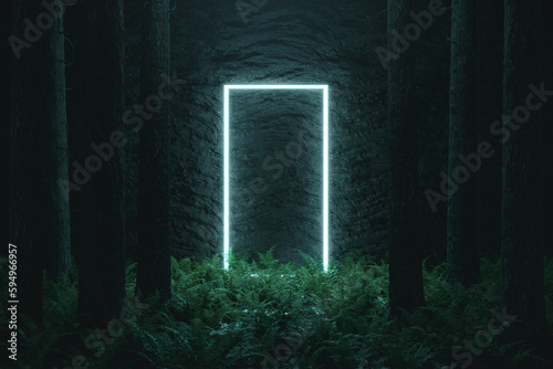 3D rendering of blue lighten rectangular shape surrounded by fir trees