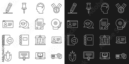 Set line Movie, film, media projector, Online class, Ringing alarm bell, Human brain, Graduation cap speech bubble, Pencil with eraser and Exam sheet and pencil icon. Vector
