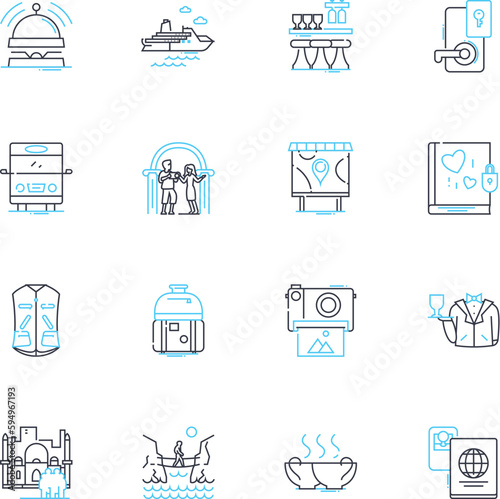 Work excursions linear icons set. Adventure, Team-building, Nerking, Fun, Bonding, Learning, Productivity line vector and concept signs. Relaxation,Nature,Culture outline illustrations