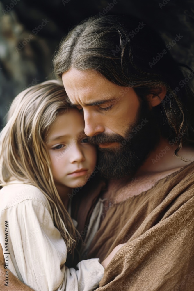 A fraternal hug of Jesus Christ our Saviour to a cute innocent child Generative AI Illustration A fraternal hug of Jesus Christ our Saviour to a cute innocent child Generative AI Illustration
