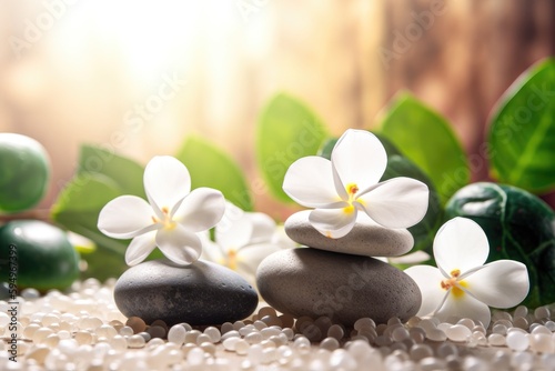 White flowers grey pebble stones and bokeh blurred green nature background spa environment Generative AI Illustration
