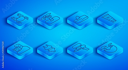 Set line Crab, Tropical palm tree, Shark fin in ocean wave, Swimsuit, Water gun, Sunscreen cream tube, Sand castle and Coconut cocktail icon. Vector