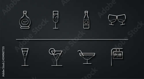 Set line Bottle of cognac or brandy, Glass champagne, Cocktail, Martini glass, Street signboard with Pub and Beer bottle icon. Vector