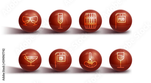Set line Glass of cognac or brandy, Cocktail, Street signboard with Pub, Pickled cucumber on fork, Bar, champagne, Wine glass and Wooden barrel icon. Vector
