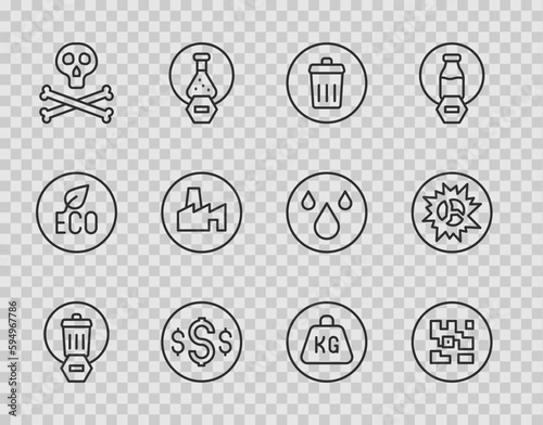 Set line Trash can, QR code, Dollar symbol, Bones and skull warning, Factory production, Weight and Bomb explosion icon. Vector