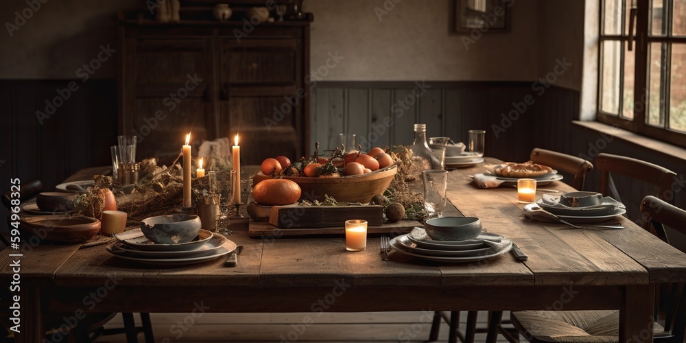 A rustic wooden dining table set for a family dinner, concept of Rustic decor, created with Generative AI technology