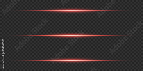 Red neon stripes or light flash. Laser beams, horizontal beams. Beautiful light reflections. Glowing stripes on a transparent background.