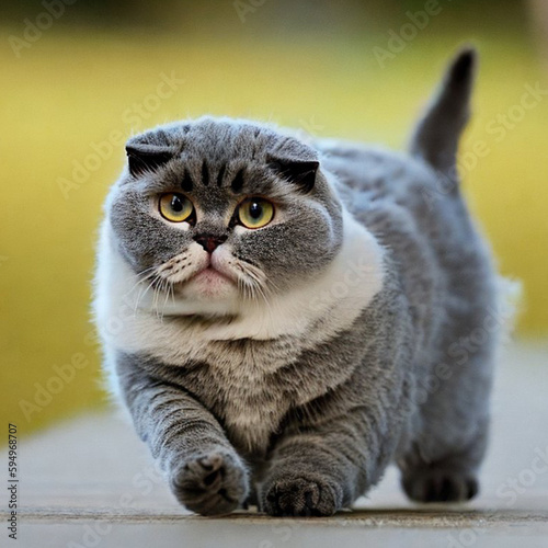 Cute young  Scottish Fold cat kitten walking straight up looking at camera 
