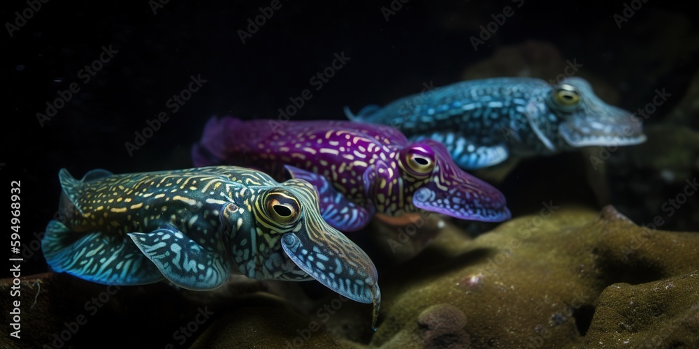 A school of cuttlefish changing colors and patterns to blend into their