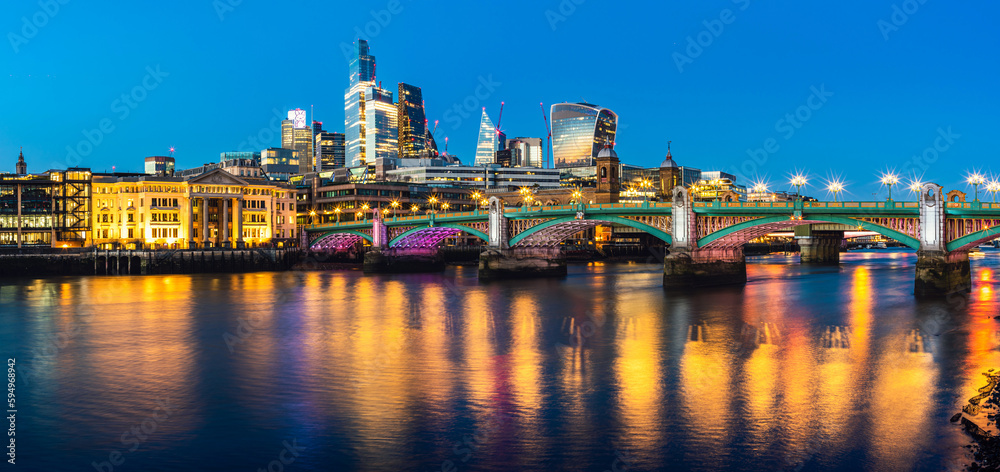 Night in London, Southwark Bridge ane Skyscrapers over River Thames, London, England