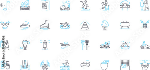 Fun pursuit linear icons set. Adventure, Joy, Recreation, Thrill, Excitement, Laughter, Playtime line vector and concept signs. Hilarity,Amusement,Entertainment outline illustrations