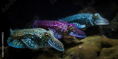 A school of cuttlefish changing colors and patterns to blend into their surroundings, concept of Mimicry behavior, created with Generative AI technology