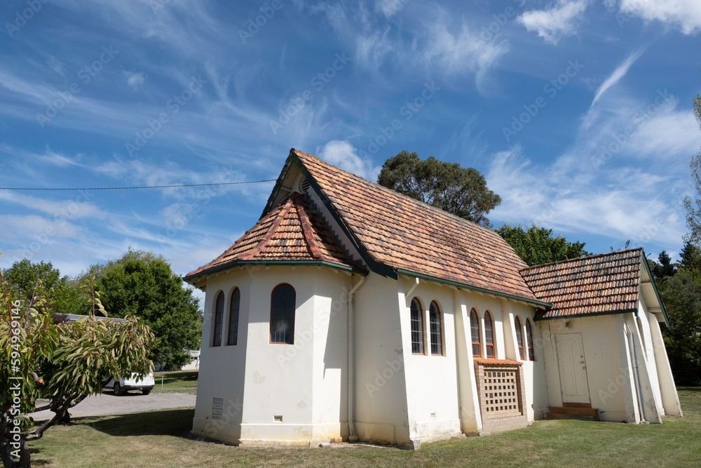 Uniting Church in Mary Street, Cygnet, opened as a Methodist Church in 1952. Sunny day, blue sky