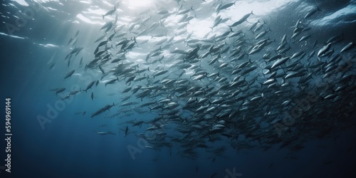 A school of flying fish leaping out of the water to escape predators, concept of Migration behavior, created with Generative AI technology © koldunova