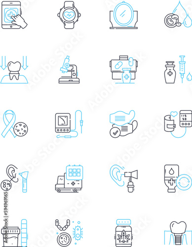 General practice linear icons set. Patient, Doctor, Diagnosis, Treatment, Appointment, Health, Wellness line vector and concept signs. Medicine,Prescription,Referral outline illustrations