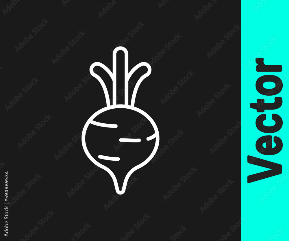 Obraz premium White line Fresh beet with leaf icon isolated on black background. Natural Root. Vegetable Ingredient for food. Vector