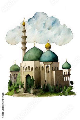 Aesthetic Watercolor painting of a Mosque illustration with Leaves, Trees and Clouds. minimalist art in soft pastel colors. suitable for illustrations of Islamic story books. Generative AI. © Bobby Syahronanda