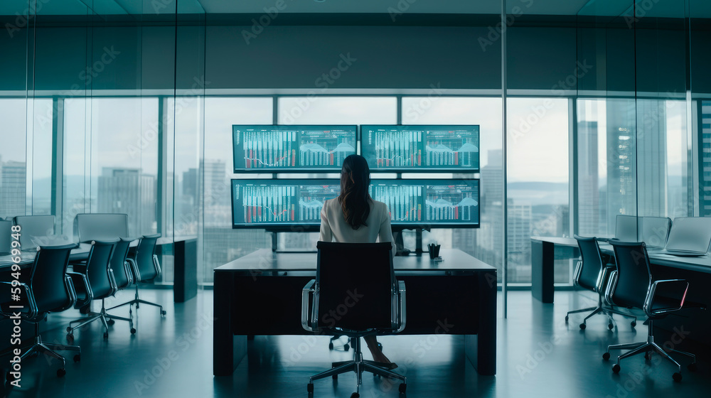 Back view of a businesswoman in the executive offices of a large company in a skyscraper. Generative AI