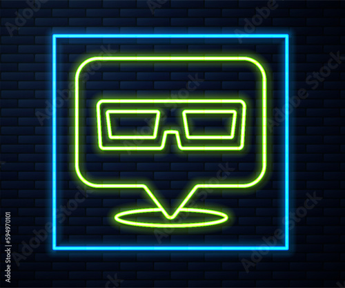 Glowing neon line 3D cinema glasses icon isolated on brick wall background. Vector