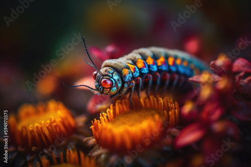Stunning Macro Photograph of Colorful Caterpillar on Blooming Flowers © Stipe