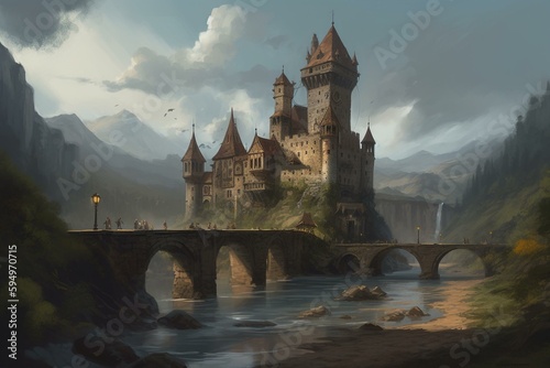 a painting of a castle with a bridge over a river in front of a castle with a clock tower on it's side and a cloudy sky background.  generative ai