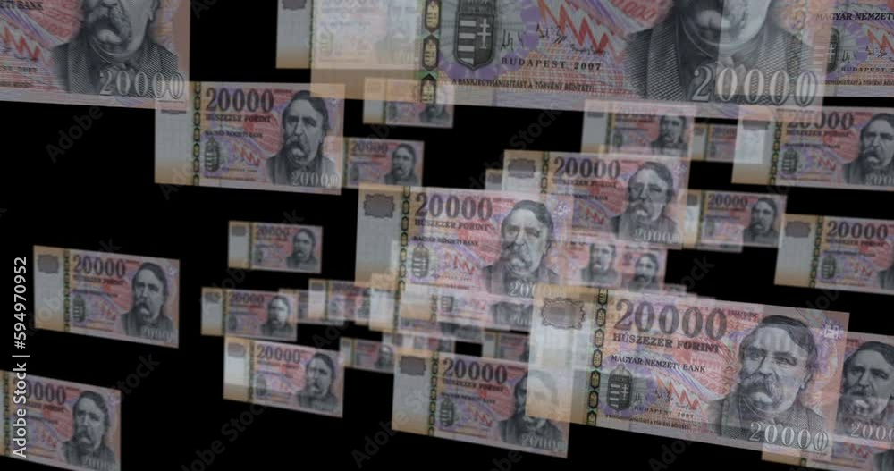Hungarian Forint 20000 HUF banknote loop. Flying between transparent money Hungary note. 3D seamless looped abstract concept of business, economy, finance, crisis and banking. Hungarian Forint 20000 HUF banknote loop. Flying between transparent money Hungary note. 3D seamless looped abstract concept of business, economy, finance, crisis and banking.