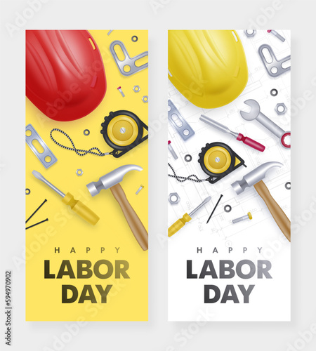 Happy labor day vertical banner set with realistic helmet and tools on yellow and white background. Vector illustration
