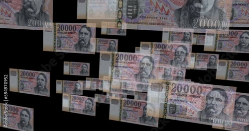 Hungarian Forint 20000 HUF banknote loop. Flying between transparent money Hungary note. 3D seamless looped abstract concept of business, economy, finance, crisis and banking.