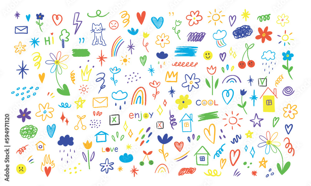 Hand drawn colored set of simple decorative elements. Various icons such as hearts, stars, speech bubbles, arrows, lines isolated on white background.
