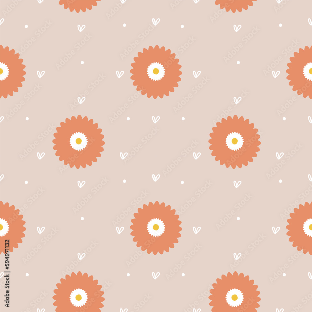 Cute orange flower with little heart seamless pattern