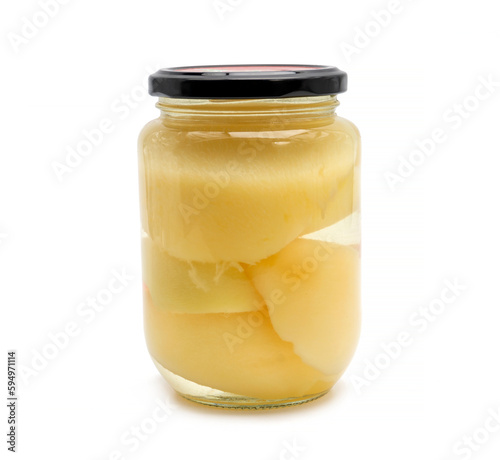 Canned peaches  on a white background
