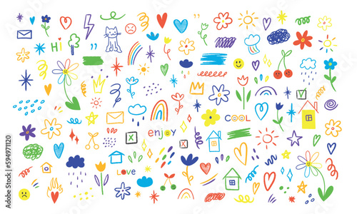 Hand drawn colored set of simple decorative elements. Various icons such as hearts, stars, speech bubbles, arrows, lines isolated on white background. © Animado