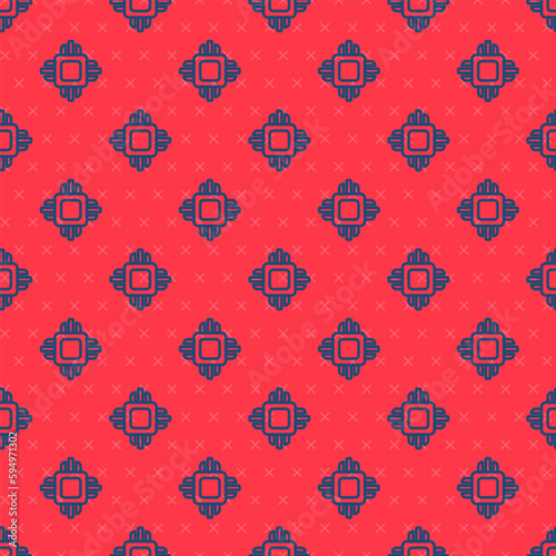 Blue line Computer processor with microcircuits CPU icon isolated seamless pattern on red background. Chip or cpu with circuit board. Micro processor. Vector