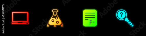 Set Laptop, Test tube and flask, Exam paper with incorrect answers and Unknown search icon. Vector