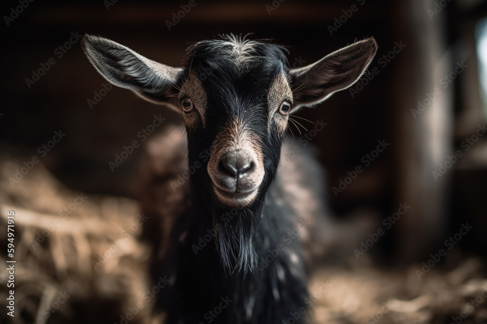 Playful Pygmy Goat Peeking Behind Hay Bale: A Charming Portrait