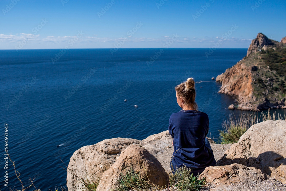 Beautiful panorama. View from the Genoese fortress on the steep seashore. Russia, Republic of Crimea, Balaklava