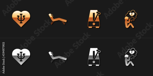 Set Psychology, Psi, Armchair, Metronome with pendulum and Broken heart or divorce icon. Vector