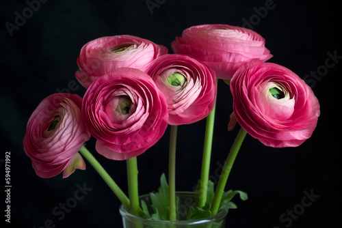 Pink Ranunculus asiaticus flowers on black  persian buttercup  closeup blooming pink flowers in a vase as a wallpaper  horizontal photo. AI generated image