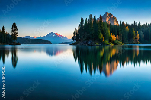 A peaceful mountain range in the forest and a lake reflected that mountain range