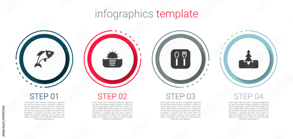 Set Fish, Sunrise, Fork and spoon and Tree. Business infographic template. Vector Set Fish, Sunrise, Fork and spoon and Tree. Business infographic template. Vector