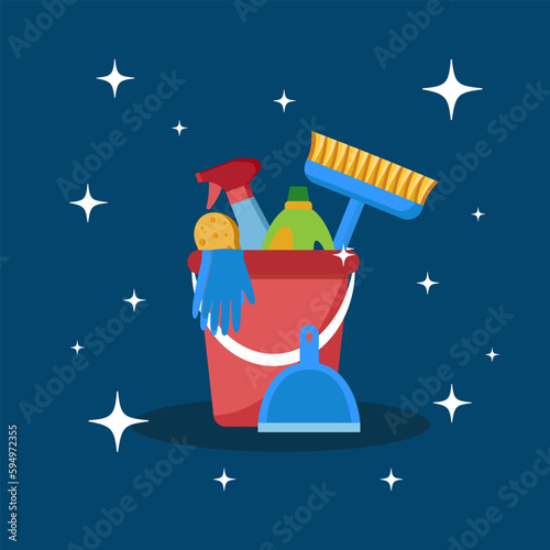 Obraz na płótnie Assorted cleaning items set with brooms, bucket, mops, spray, brushes, sponges. Cleaning accessories flat style w salonie