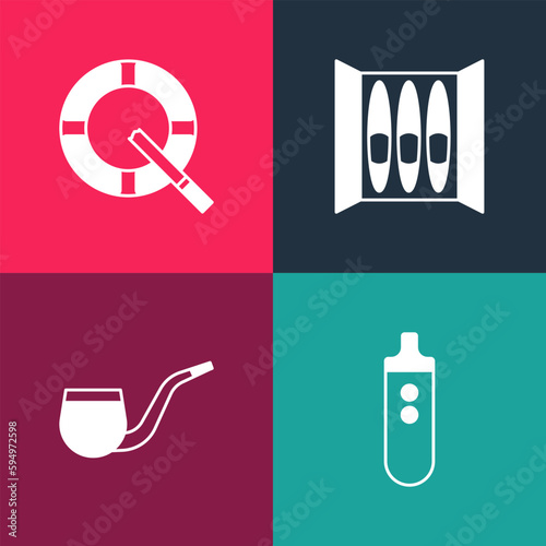 Set pop art Electronic cigarette, No pipe smoking, Cigar and Ashtray with icon. Vector