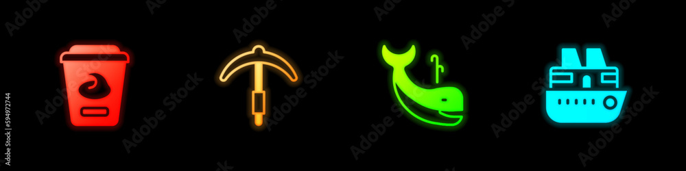 Set Yogurt container, Pickaxe, Whale and Cruise ship icon. Vector