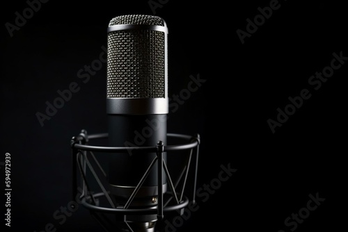 professional sound recording microphone on black background. banner with copy space. Generative AI