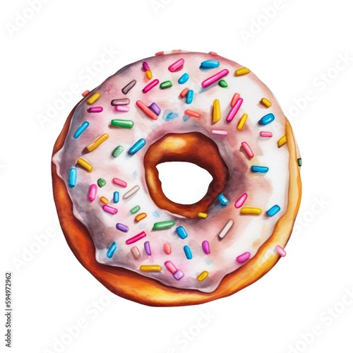 Watercolor illustration of a pink donut decorated with sprinkles isolated on white background. Generative AI.