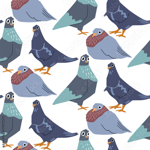 Seamless pattern with the image of pigeons. A variety of dave in different poses. Vector illustration.