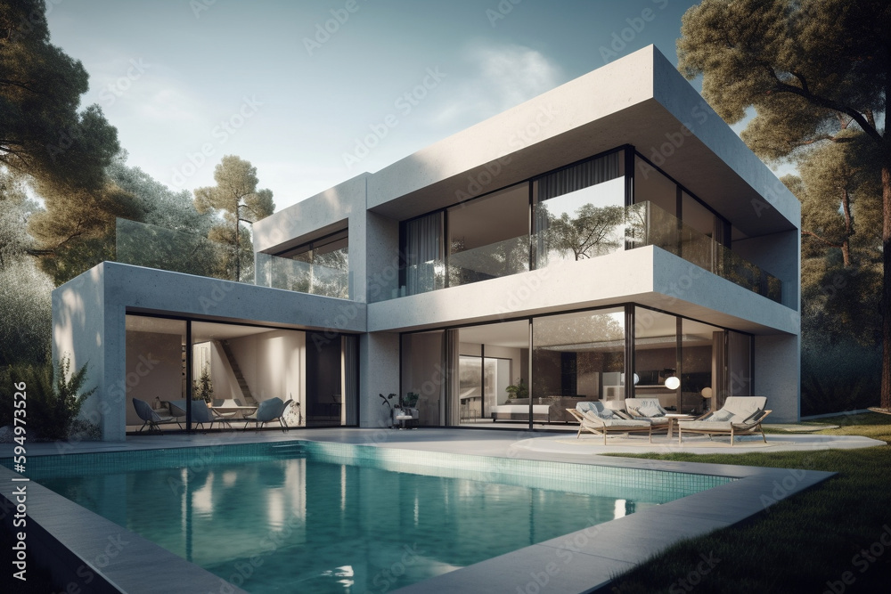 Design house - modern villa with open plan living and private bedroom wing. Large terrace with privacy and, swimming pool generative AI